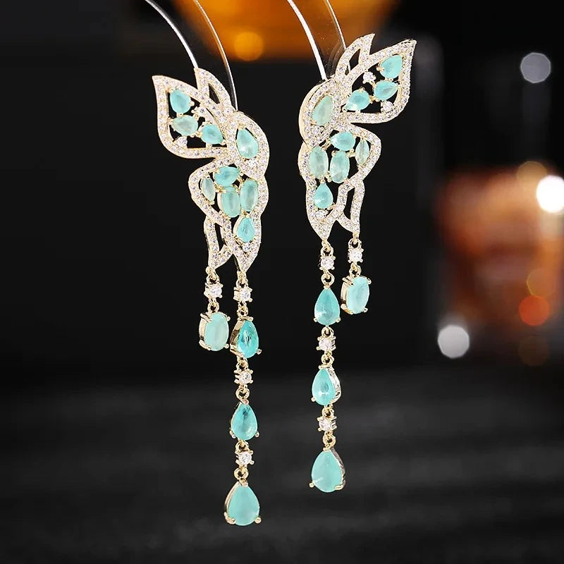 Elegant Silver Zircon Butterfly Tassel Earrings with Double Wings