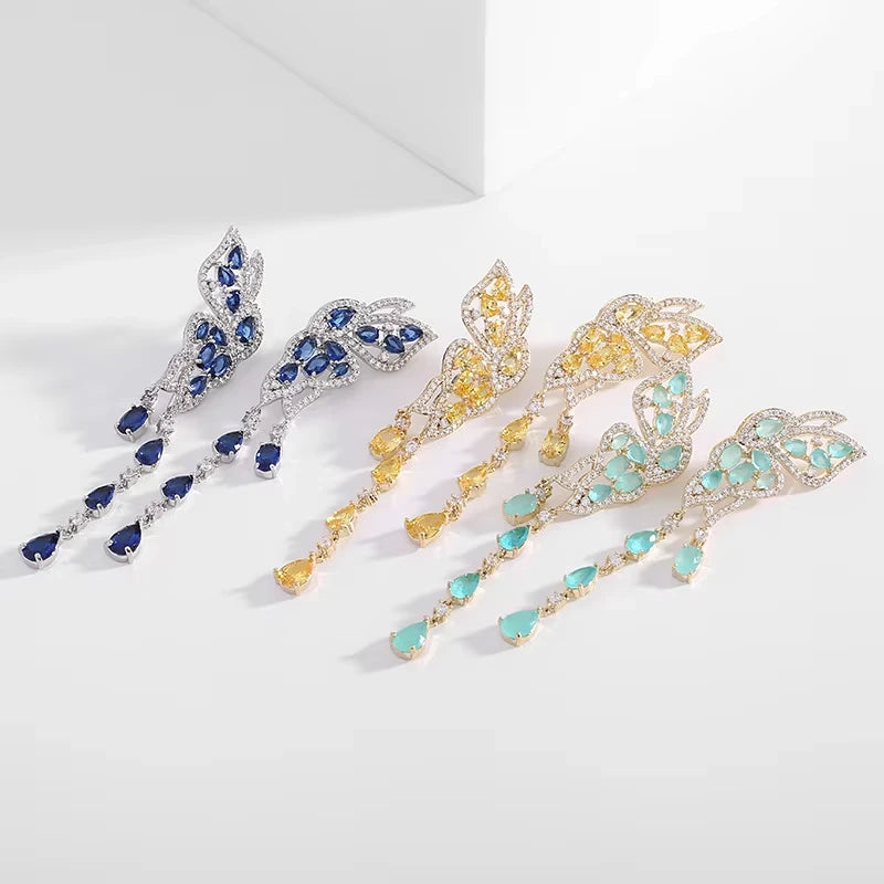 Elegant Silver Zircon Butterfly Tassel Earrings with Double Wings