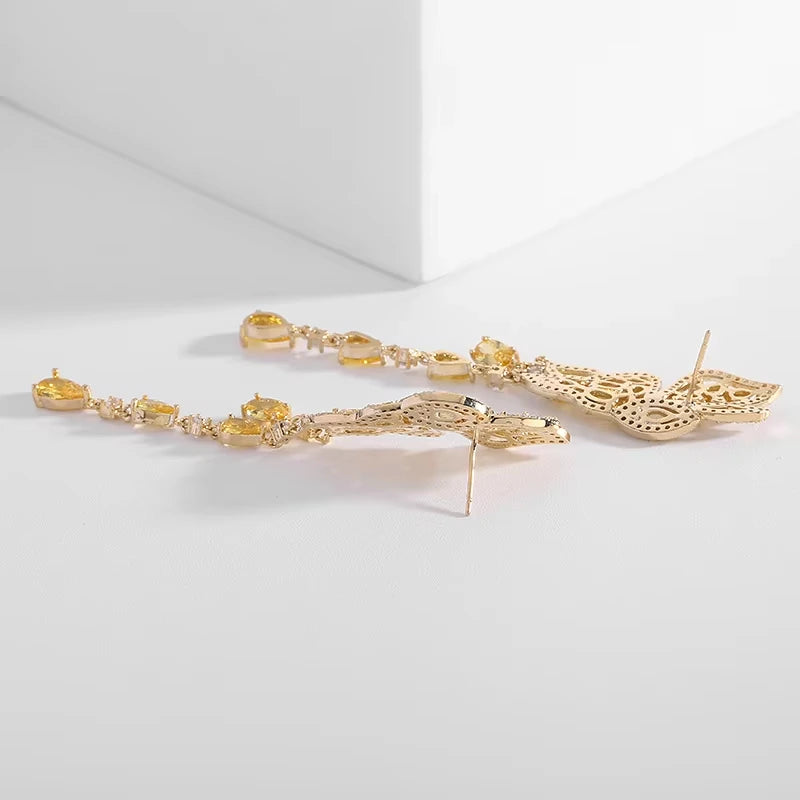 Elegant Silver Zircon Butterfly Tassel Earrings with Double Wings