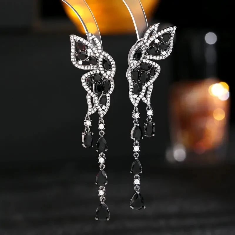 Elegant Silver Zircon Butterfly Tassel Earrings with Double Wings