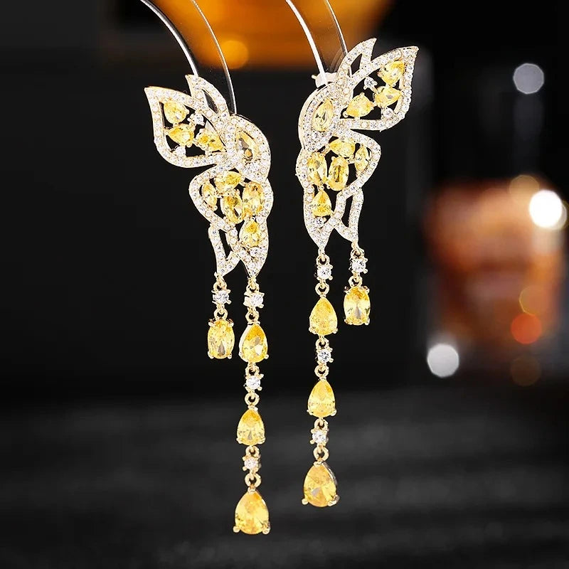 Elegant Silver Zircon Butterfly Tassel Earrings with Double Wings
