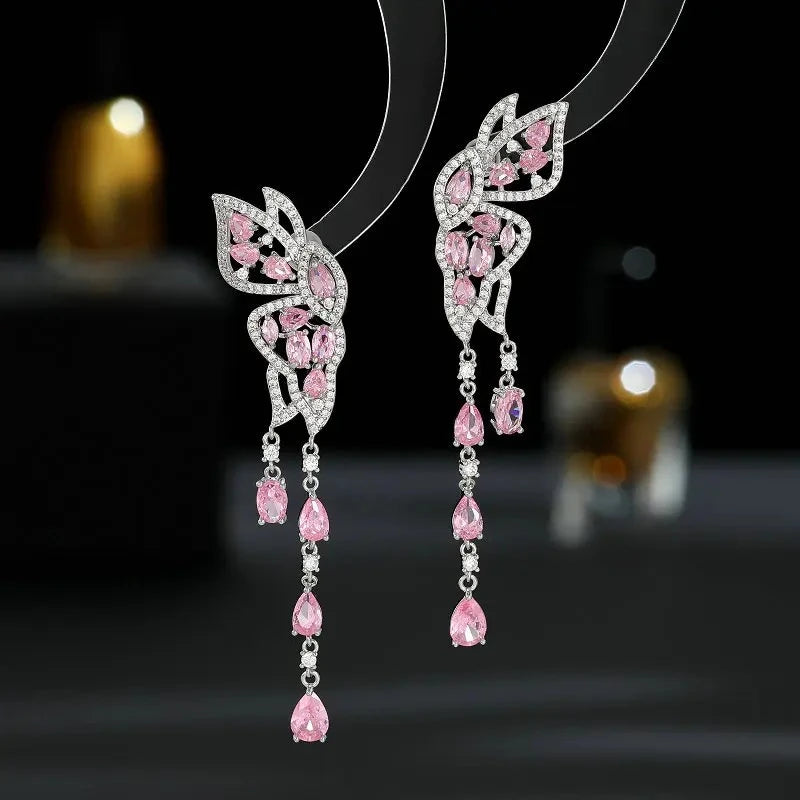 Elegant Silver Zircon Butterfly Tassel Earrings with Double Wings