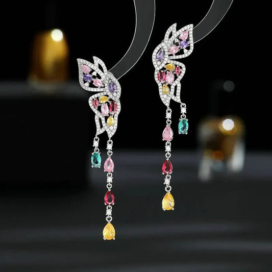 Elegant Silver Zircon Butterfly Tassel Earrings with Double Wings