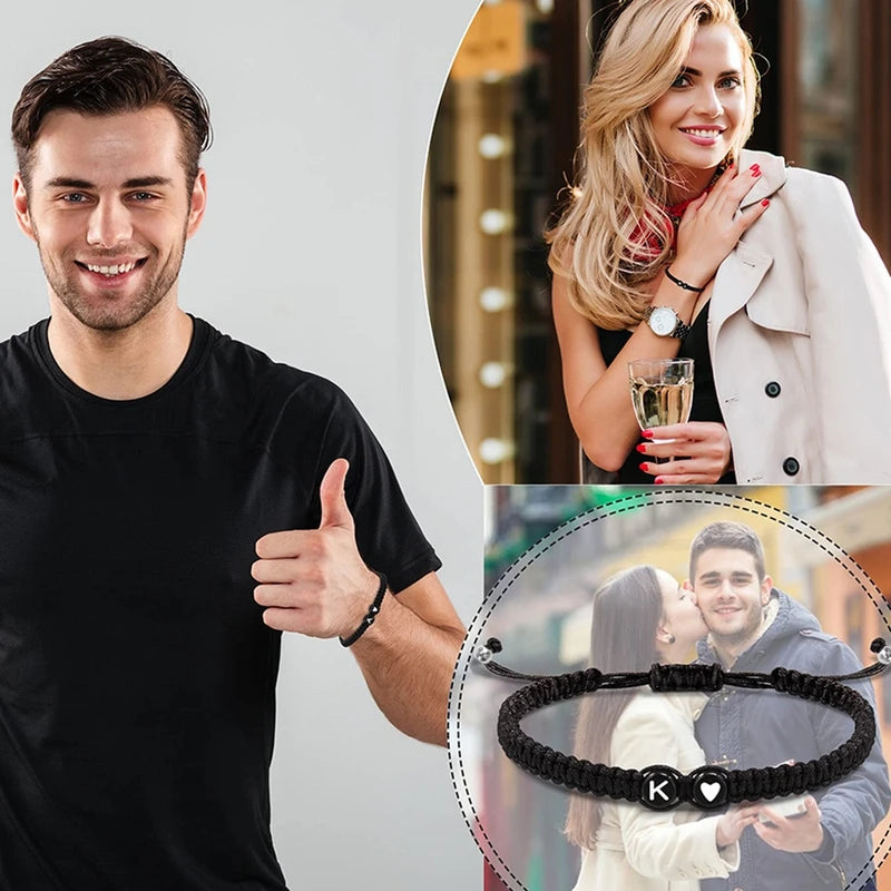 Heart-Shaped Beaded Couple Bracelet: Black & White Love Braided Personalized Jewelry